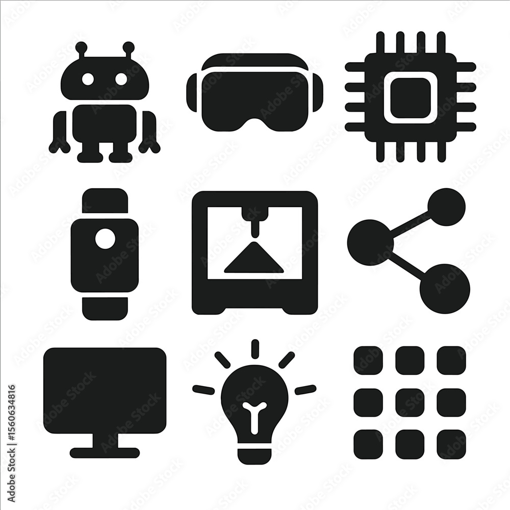 Poster tech icons grid. solid, filled icon set of technology expo visuals: robot, vr headset, computer chip