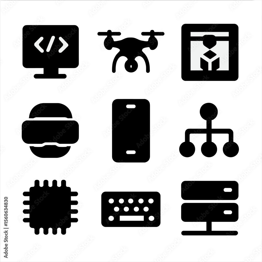 Poster technology icons grid. solid, filled icon set of technology projects: coding, drone, 3d printer, vir