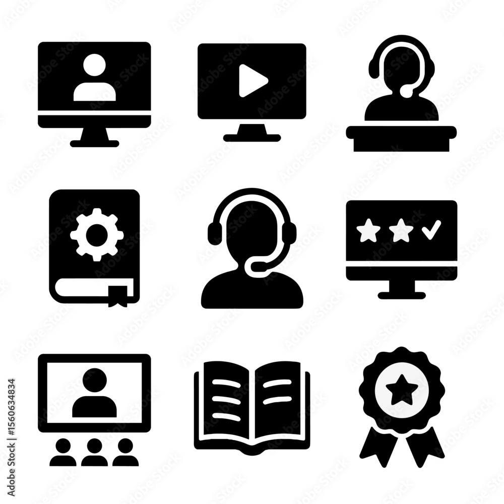 Poster tech support icons. solid, filled icon set of tech training and support: online course, tutorial vid