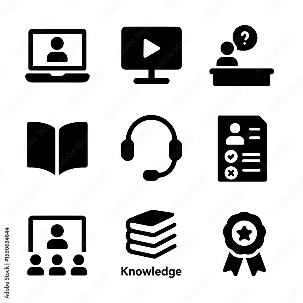 Aufkleber tech support icons. solid, filled icon set of tech training and support: online course, tutorial vid