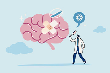 Brain rot mental health, depression or anxiety heal or recovery, psychotherapy, emotional intelligence, heal stress, mental wellbeing concept, doctor analyze cured mental illness brain with bandage.
