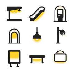 Transport Station Light Icons. Flat icon set of public transport station lights: platform canopy luminaire, escalator side light,