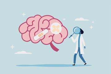 Brain rot mental health, depression or anxiety heal or recovery, psychotherapy, emotional intelligence, heal stress, mental wellbeing concept, doctor analyze cured mental illness brain with bandage.
