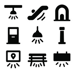 Fototapeta premium Transport Station Icons. Solid, Filled icon set of public transport station lights: platform canopy luminaire, escalator side