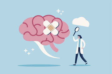 Brain rot mental health, depression or anxiety heal or recovery, psychotherapy, emotional intelligence, heal stress, mental wellbeing concept, doctor analyze cured mental illness brain with bandage.