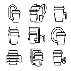 Travel Cup Holder Icons. Outline icon set of portable travel cup holders: carabiner cup hook, backpack holster, belt clip holder,