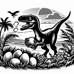 Oviraptor Stealing Eggs from a Nest in the Prehistoric Wild
