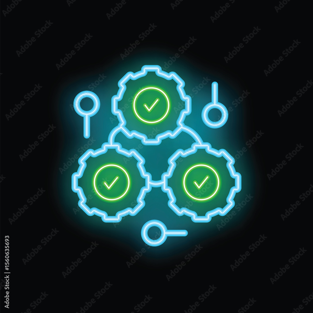 Poster neon gears with check marks are connecting, representing a seamless and efficient workflow