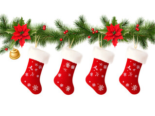 Festive christmas garland with red poinsettias holly berries pine branches and four red stockings with snowflakes isolated on transparent background
