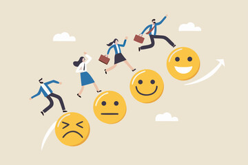 Employee happiness, wellbeing or positive attitude, emotional intelligence to improve success, joyful work or optimistic concept, business people jump from anxiety to delight smiling face emoticon.