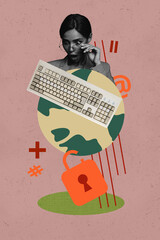 Banner 3d magazine pop picture collage image of puzzled it-specialist girl guy pandemic earth lock...