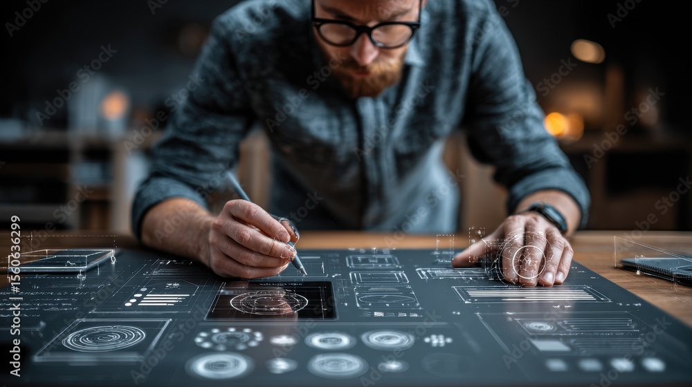 Poster man working on futuristic touchscreen display at desk inside office in the evening