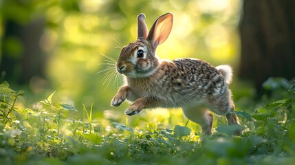 Fototapeta premium A nimble rabbit leaps through the woods, with soft sunlight casting dappled shadows through the leaves