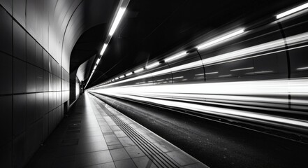 The subway races through the tunnel, its headlights carving streaks of light in the darkness