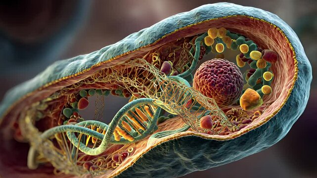 Cross-section of a cell revealing intricate internal structures, including DNA and organelles.
