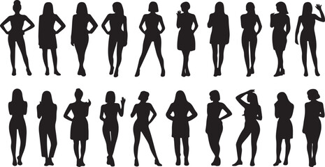 Vector silhouette collection of people, including men and women, walking, standing, and posing in various fashion and business designs