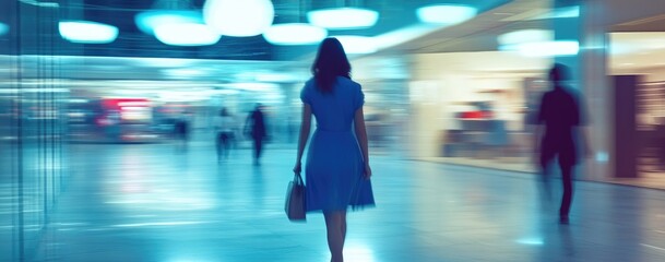 Naklejka premium Blurred view of a woman walking in a bustling shopping mall at night