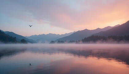 Fototapeta premium A serene mountain lake at sunrise, mist over the water, soft pink and orange sky reflected on the surface.