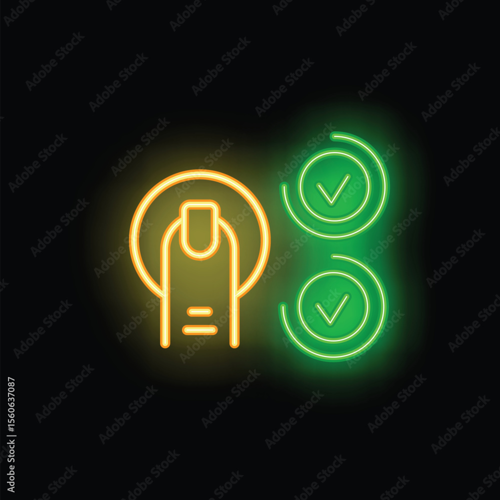 Poster neon icon of a finger scanning with two green check marks, representing two factor authentication