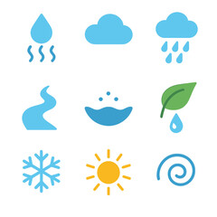 Water Cycle Icons. Flat icon set of water cycle processes: evaporation droplet, cloud formation, rain shower, river flow,