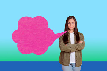 Full image 3d poster art collage of happy girl guy stand bubble communication chatterbox speech...