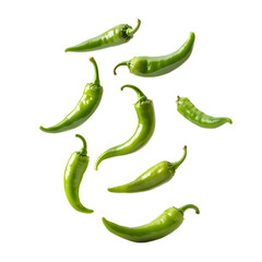 A collection of fresh green chili peppers with a glossy sheen scattered across a black background isolated on transparent background