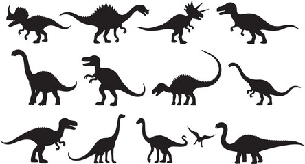 A striking vector collection of black wild animal and dinosaur silhouettes, perfect for nature and zoo-themed illustrations