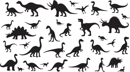 A vector silhouette collection of various animals, including a running dog, cat, kangaroo, dinosaur, horse, wolf, and deer outlines, perfect for wildlife illustrations