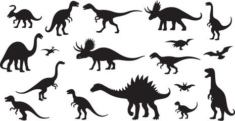 A black vector silhouette set of running wild animals and Jurassic dinosaurs