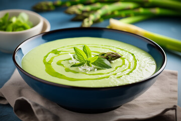 A bowl of creamy green soup garnished with basil and asparagus spear tip