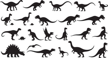 A black vector set of running dinosaur silhouettes and other wild animal outlines