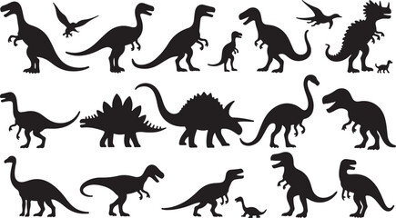 Black vector silhouettes of wild animals, including a cat, horse, wolf, dog, deer, elephant, and dinosaur, isolated as a collection