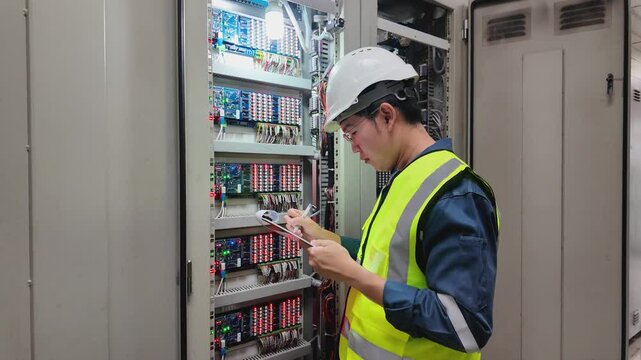 Engineer inspection of electrical relay system inside substation ensuring protection and operational safety with safety helmet and reflective vest for control and maintenance reliability