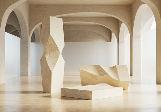 Fototapeta Beige minimalist interior showcasing abstract, sculpted wooden forms.