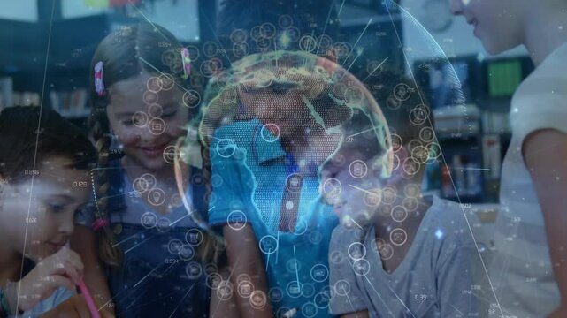 Students tapping tablet screen and generating digital globe with data icons for classroom learning