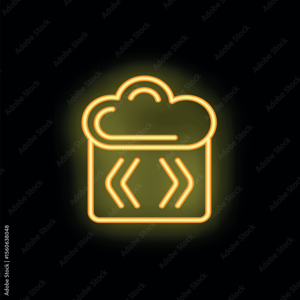 Poster Glowing neon yellow cloud computing database icon on black background representing data storage and online access