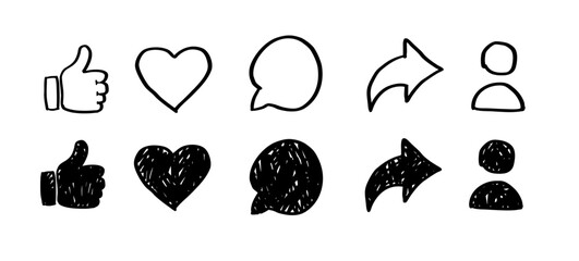 Hand drawn Like, heart, comment, share and save icon set. thumb up icon symbol. Doodle Social media notification icons , social network user interface flat icons, post reactions collection set. 