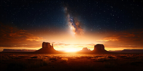 Milky Way Over Monument Valley Rock Formations at Night with Glowing Horizon