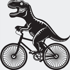 Cartoon dinosaur riding a vintage bicycle, a playful black silhouette illustration