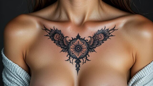 Woman with chest tattoo displays intricate and artistic body art design