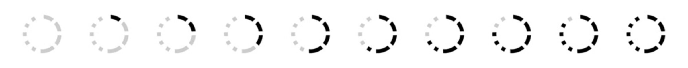 Dynamic loading spinning circles icon set indicating progress, waiting, and data processing. Essential for user interfaces and web applications.