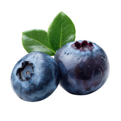 Obraz premium Two Fresh Ripe Blueberries with Leaves on White Background