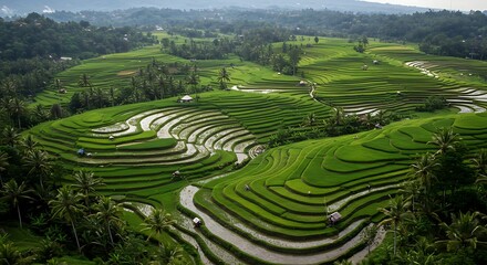 Stunning Aerial View of Lush Green Rice Terraces in Bali
