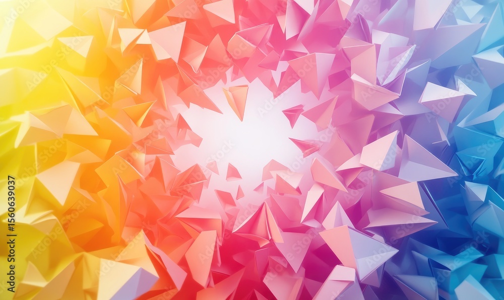Poster abstract geometric pattern of colorful triangular facets radiating outwards from a central light sou