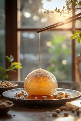The glutinous tang bu shai is round and soft, coated with a rich brown sugar syrup
