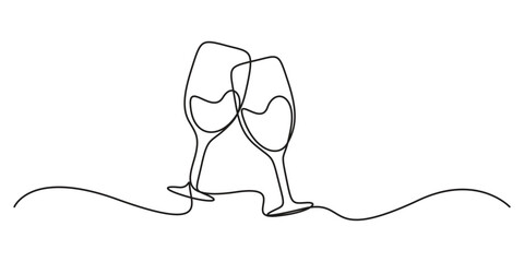 Two clinking champagne glasses one continuous line design. Creative sparkling wine glass, continuous single line vector banner. Design for party, anniversary celebration, new year festival pro vector © MD