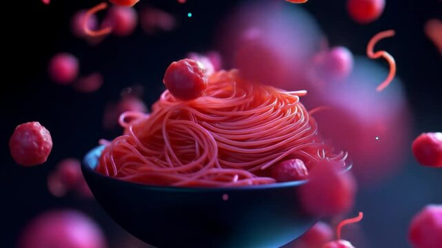 Vibrant pink pasta dish with floating berries.  A close-up view of a bowl filled with strands of vibrant pink pasta, piled high.