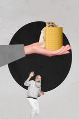 Banner pop contemporary photo collage of happy business partners girl guy stand dollar coin capital...