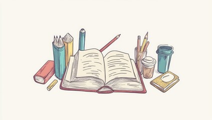 Open book surrounded by stationery and coffee