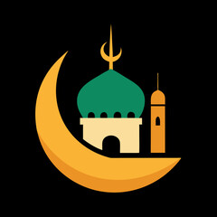 Islamic mosque and crescent moon symbol in flat design style